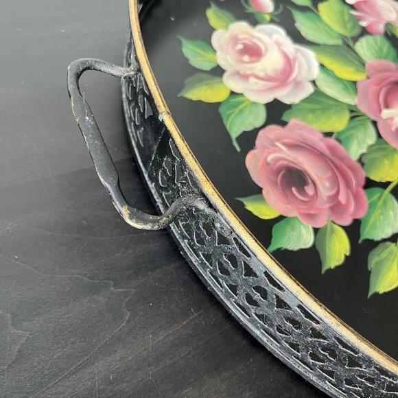 Vintage Pilgrim Art Tole Ware Metal Tray With Handles // Handpainted Roses 15.5" - Picture 5 of 10